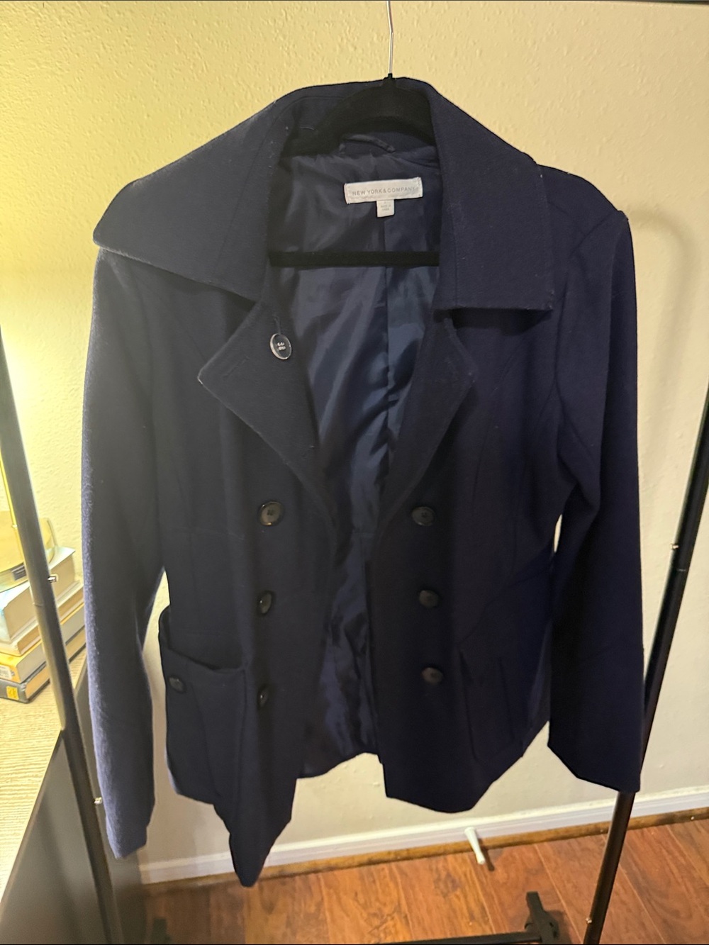New York & Company Navy Double-Breasted Peacoat